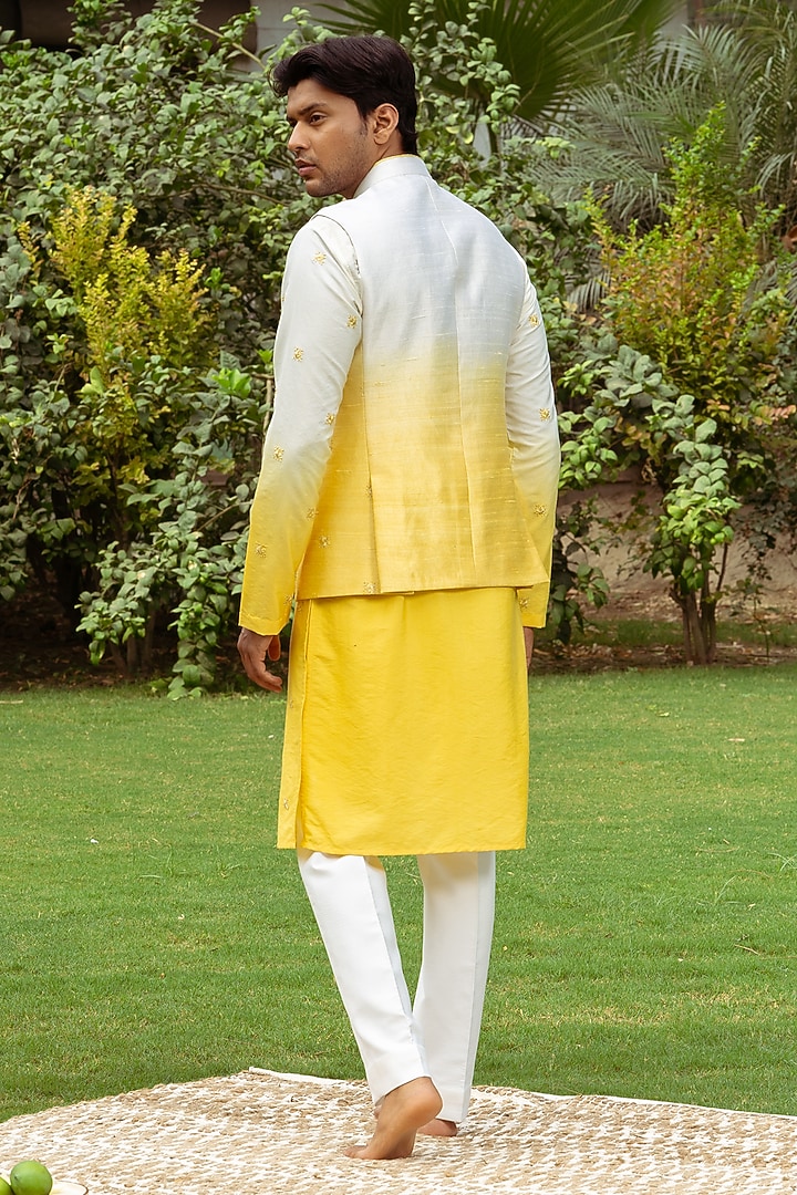 Yellow Ombre Silk Motif Hand Embroidered Bundi Jacket by AYUSH JAIN at Pernia's Pop Up Shop