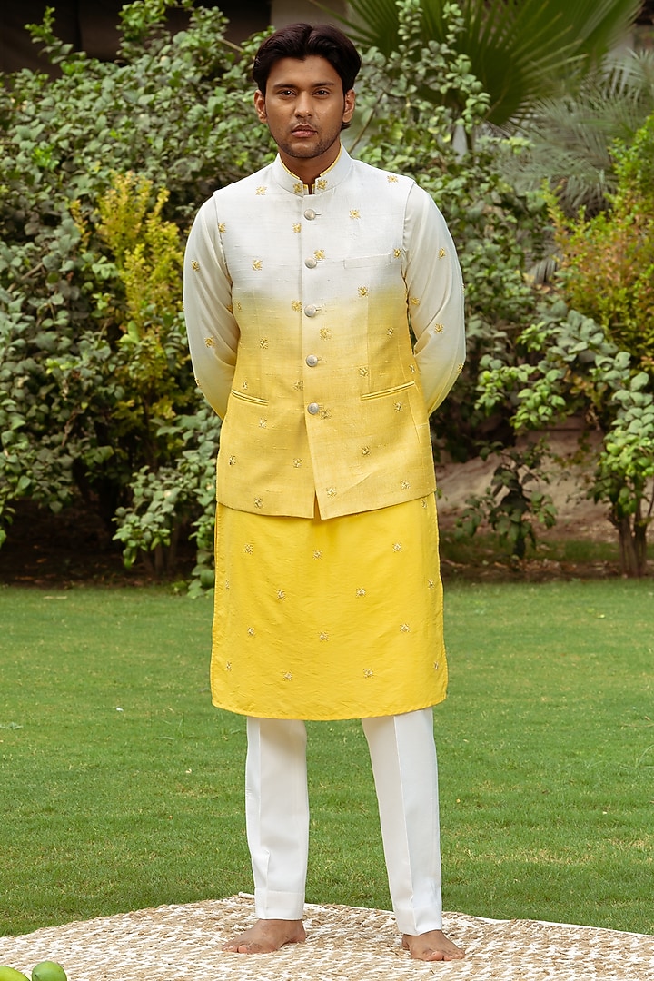 Yellow Ombre Silk Motif Hand Embroidered Bundi Jacket by AYUSH JAIN at Pernia's Pop Up Shop