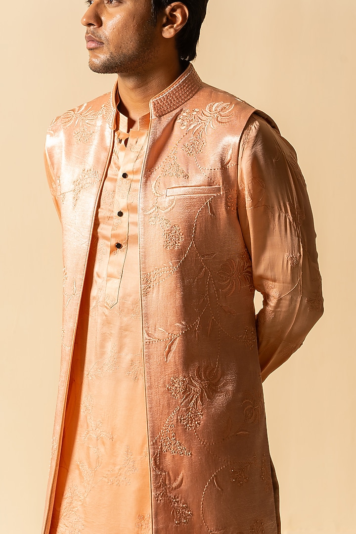 Peach Satin Silk Floral Hand Embroidered Bundi Jacket by AYUSH JAIN at Pernia's Pop Up Shop