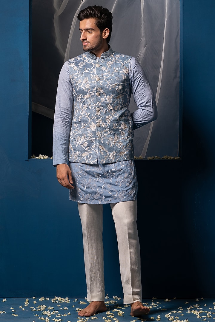 Blue Silk Floral Hand Embroidered Bundi Jacket by AYUSH JAIN at Pernia's Pop Up Shop