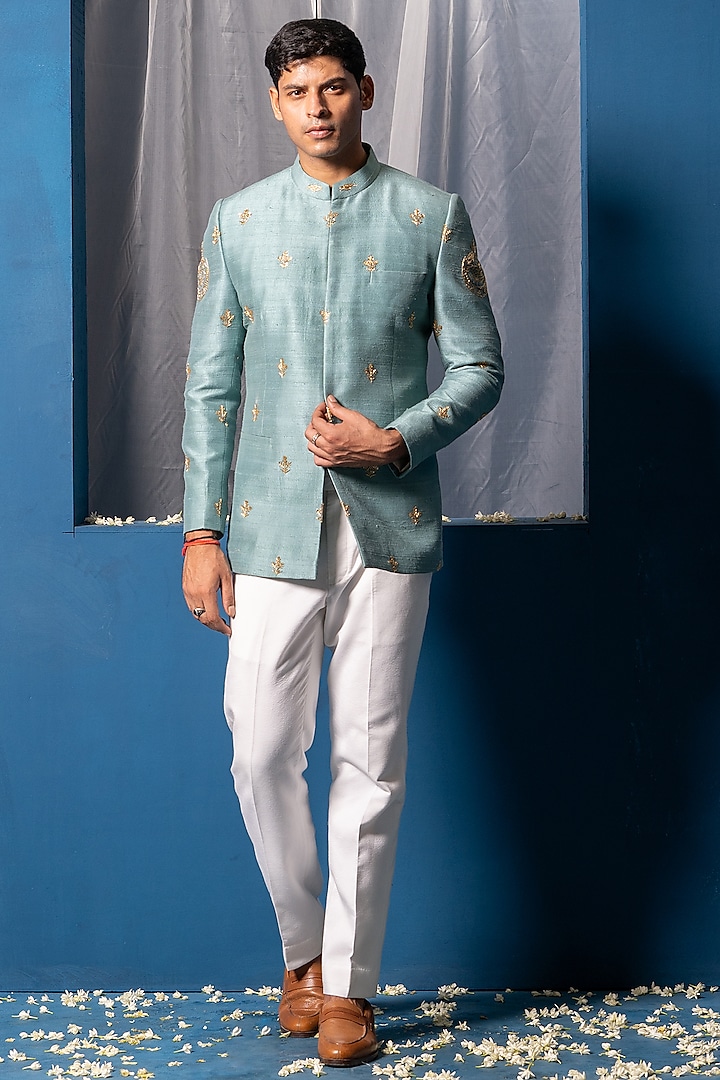 Aqua Blue Silk Hand Adda Work Bandhgala by AYUSH JAIN at Pernia's Pop Up Shop