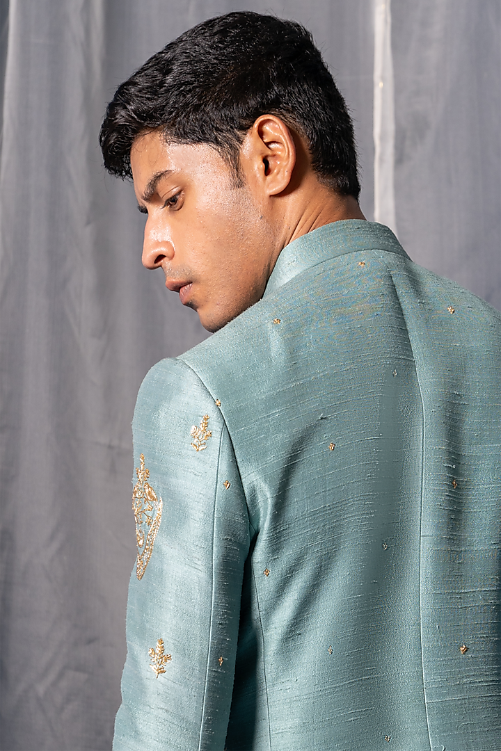 Aqua Blue Silk Hand Adda Work Wedding Bandhgala by AYUSH JAIN at Pernia's Pop Up Shop