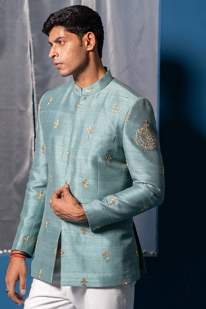 Aqua Blue Silk Hand Adda Work Wedding Bandhgala by AYUSH JAIN at Pernia's Pop Up Shop