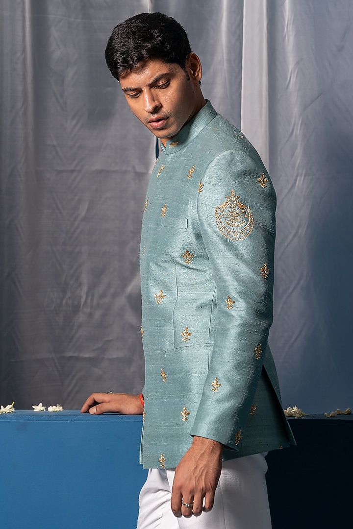 Aqua Blue Silk Hand Adda Work Wedding Bandhgala by AYUSH JAIN at Pernia's Pop Up Shop