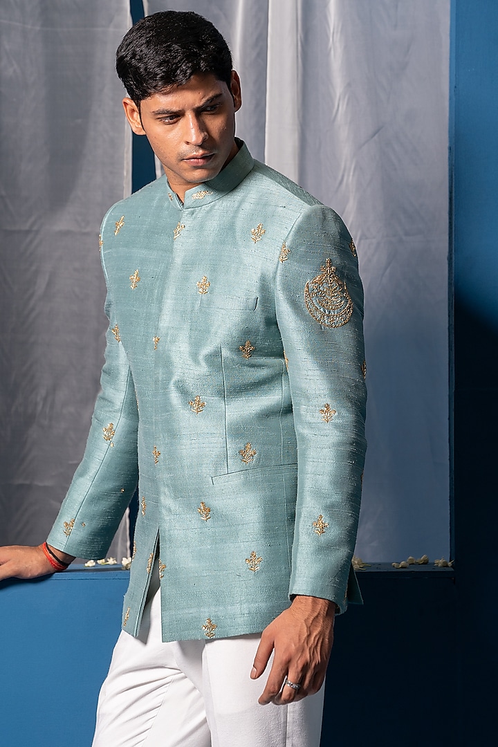 Aqua Blue Silk Hand Adda Work Wedding Bandhgala by AYUSH JAIN at Pernia's Pop Up Shop