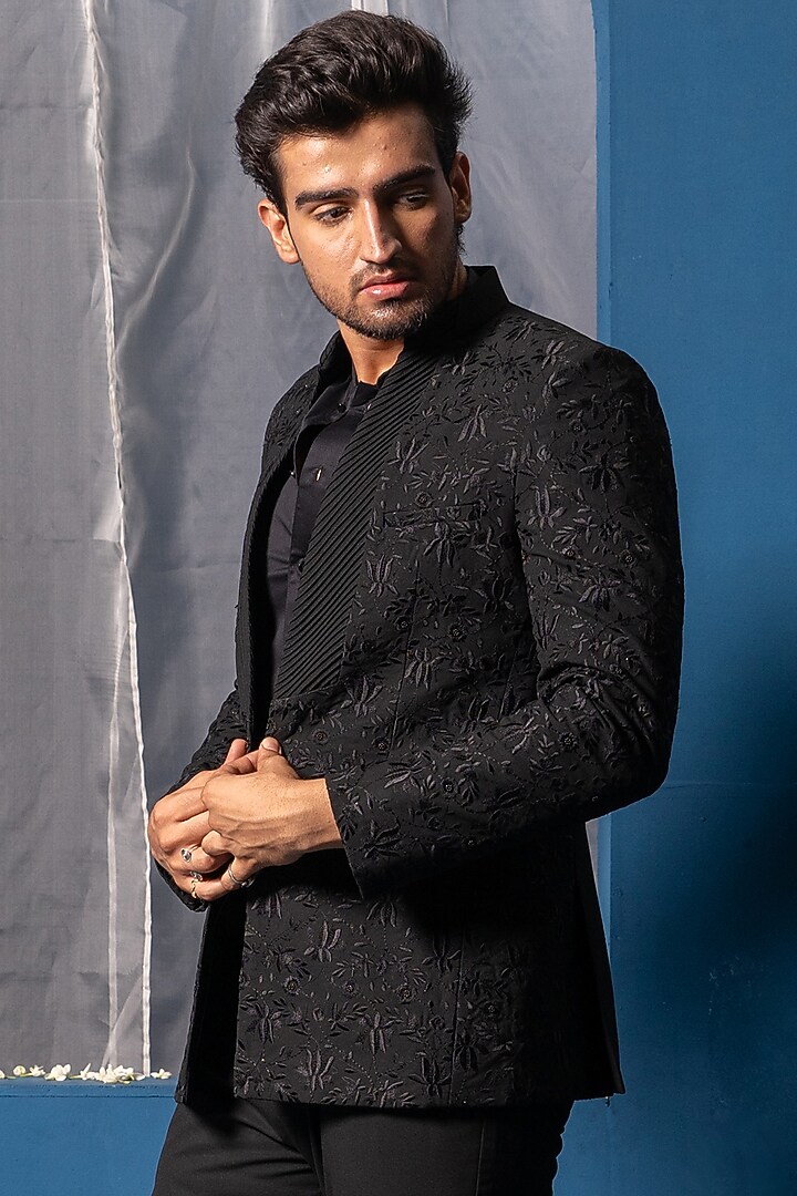Black Suiting Hand Embroidered Wedding Bandhgala by AYUSH JAIN at Pernia's Pop Up Shop