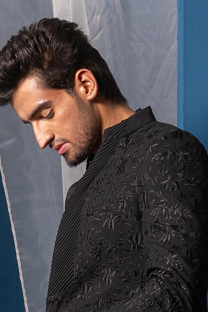 Black Suiting Hand Embroidered Wedding Bandhgala by AYUSH JAIN at Pernia's Pop Up Shop