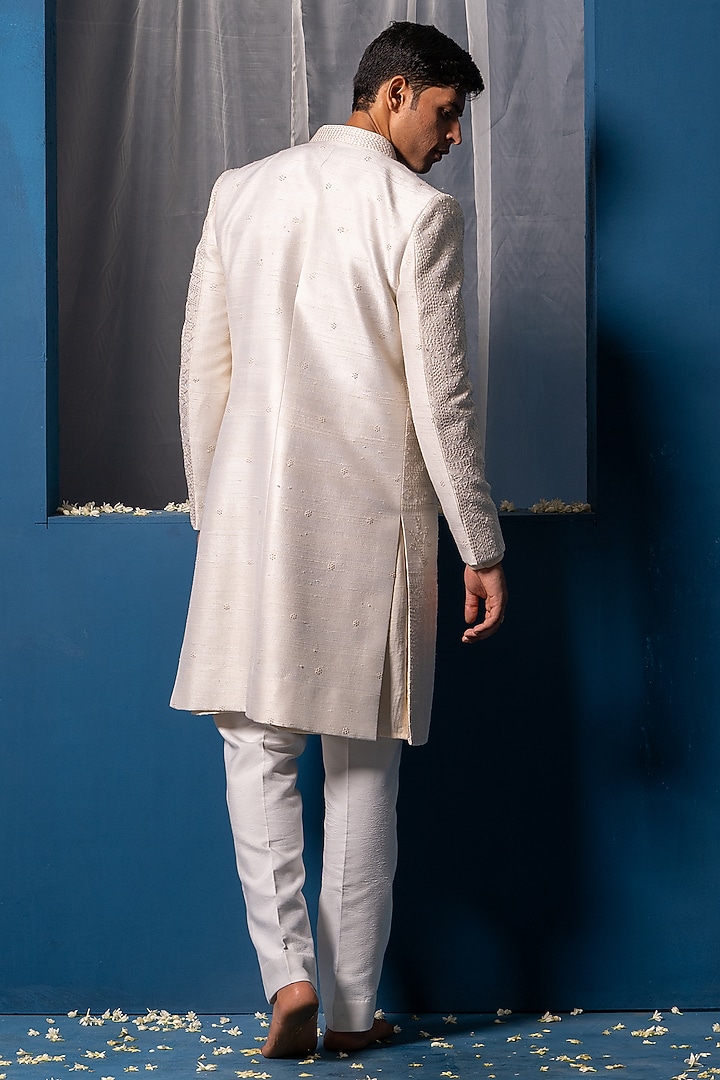 Ivory Raw Silk & Cotton Silk Hand Embroidered Wedding Indowestern Set by AYUSH JAIN at Pernia's Pop Up Shop