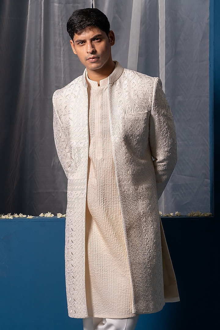 Ivory Raw Silk & Cotton Silk Hand Embroidered Wedding Indowestern Set by AYUSH JAIN at Pernia's Pop Up Shop