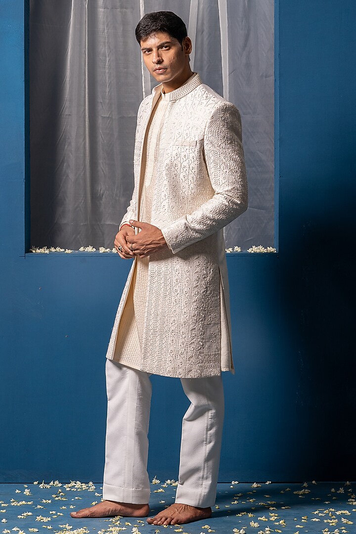 Ivory Raw Silk & Cotton Silk Hand Embroidered Wedding Indowestern Set by AYUSH JAIN at Pernia's Pop Up Shop