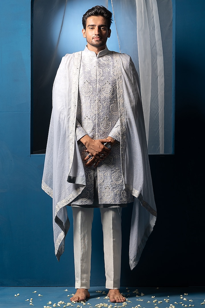 Steel Blue Silk & Cotton silk Mirror Hand Embroidered Sherwani Set by AYUSH JAIN