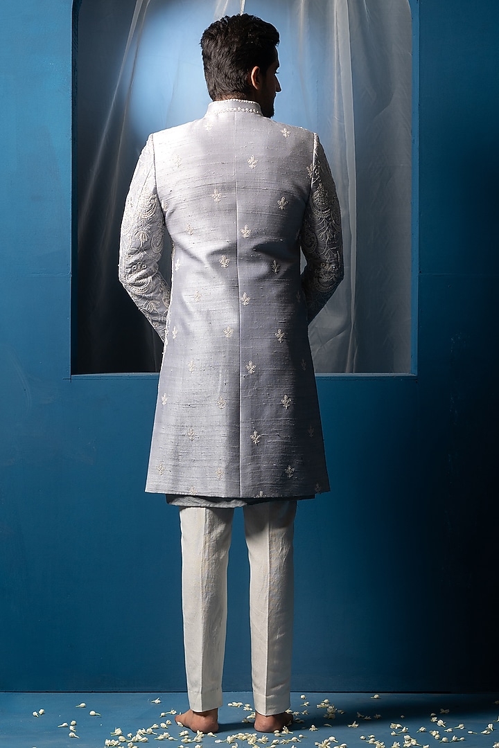 Steel Blue Silk & Cotton silk Mirror Hand Embroidered Groom Sherwani Set by AYUSH JAIN at Pernia's Pop Up Shop