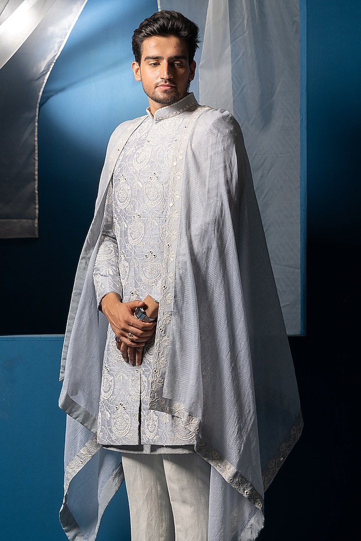 Steel Blue Silk & Cotton silk Mirror Hand Embroidered Groom Sherwani Set by AYUSH JAIN at Pernia's Pop Up Shop