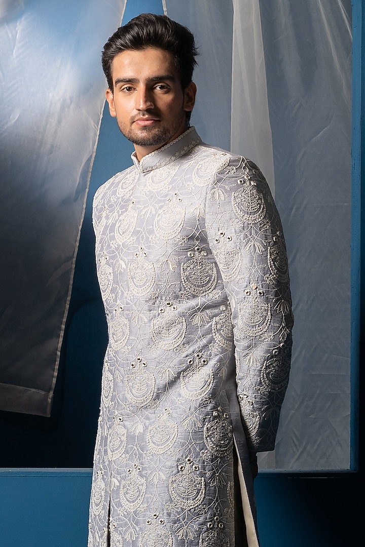 Steel Blue Silk & Cotton silk Mirror Hand Embroidered Groom Sherwani Set by AYUSH JAIN at Pernia's Pop Up Shop