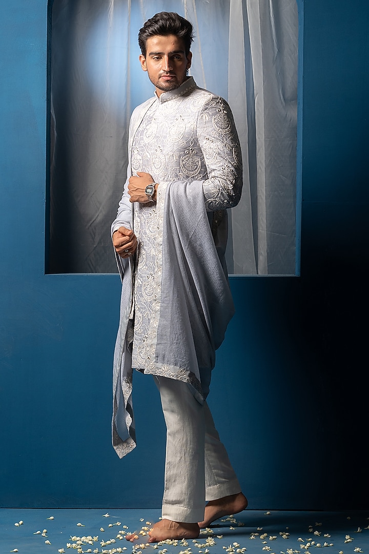 Steel Blue Silk & Cotton silk Mirror Hand Embroidered Groom Sherwani Set by AYUSH JAIN at Pernia's Pop Up Shop
