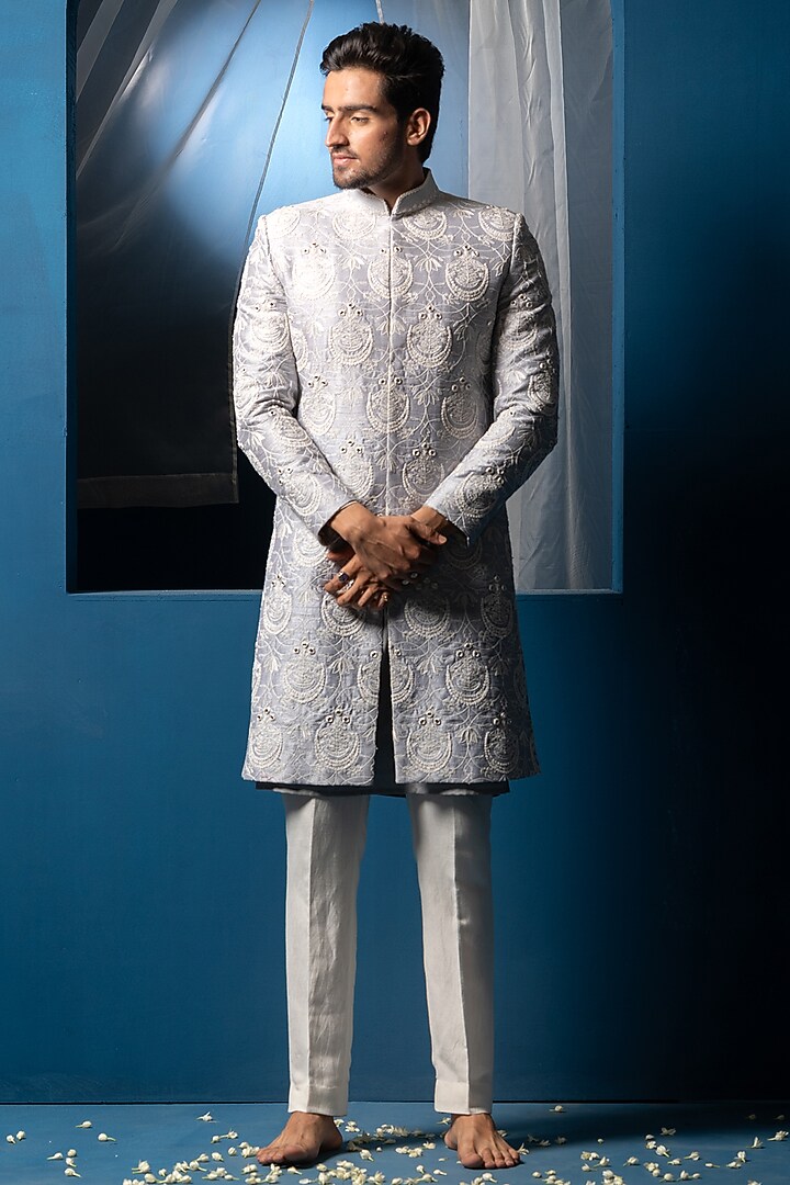 Steel Blue Silk & Cotton silk Mirror Hand Embroidered Groom Sherwani Set by AYUSH JAIN at Pernia's Pop Up Shop