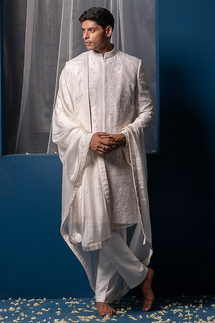 Ivory Raw Silk & Cotton Silk Hand Embroidered Groom Sherwani Set by AYUSH JAIN at Pernia's Pop Up Shop