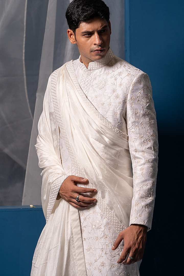 Ivory Raw Silk & Cotton Silk Hand Embroidered Groom Sherwani Set by AYUSH JAIN at Pernia's Pop Up Shop