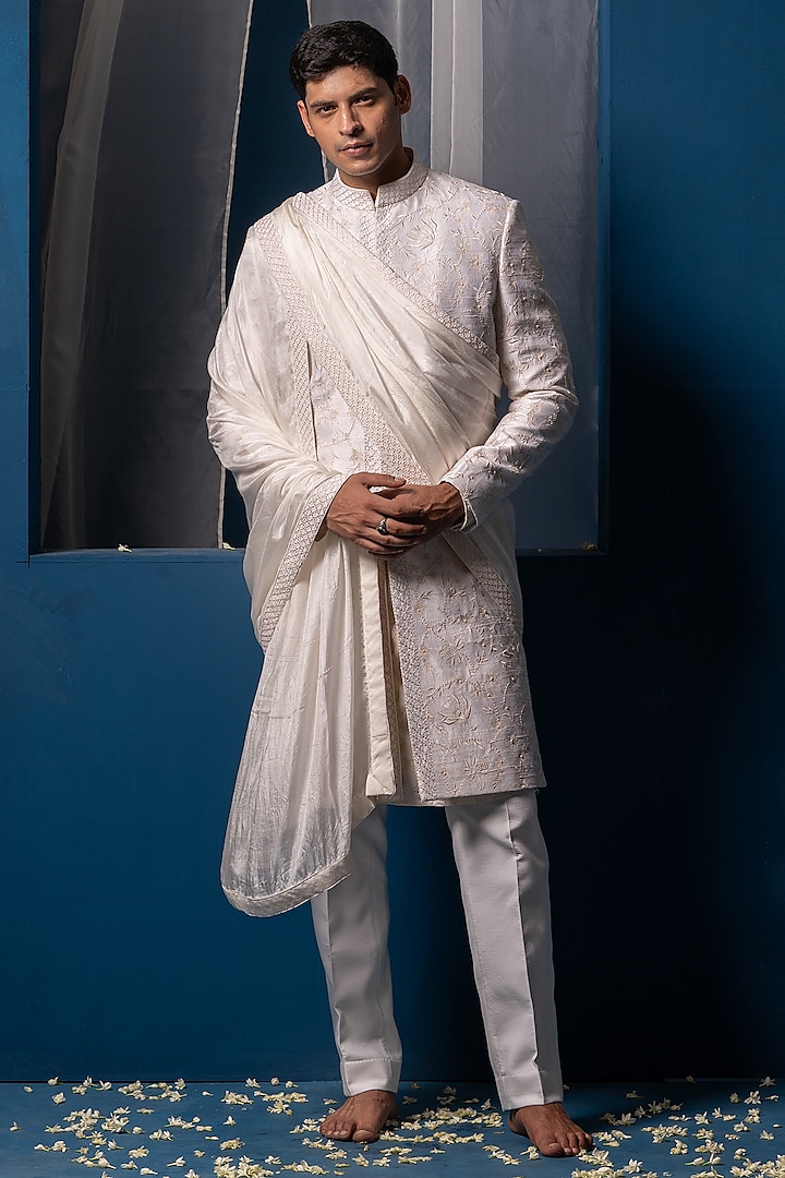 Ivory Raw Silk & Cotton Silk Hand Embroidered Groom Sherwani Set by AYUSH JAIN at Pernia's Pop Up Shop