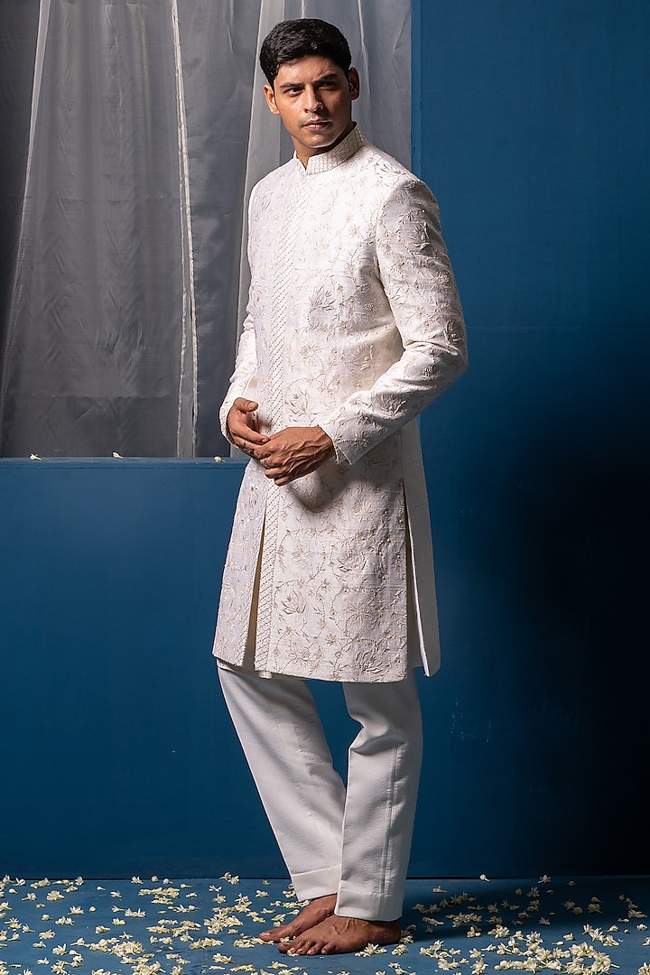 Ivory Raw Silk & Cotton Silk Hand Embroidered Groom Sherwani Set by AYUSH JAIN at Pernia's Pop Up Shop