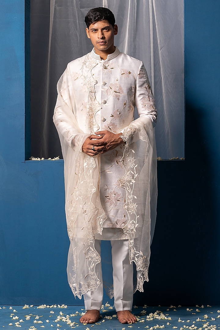 Off- White Silk & Cotton Silk Zardosi Hand Embroidered Sherwani Set by AYUSH JAIN