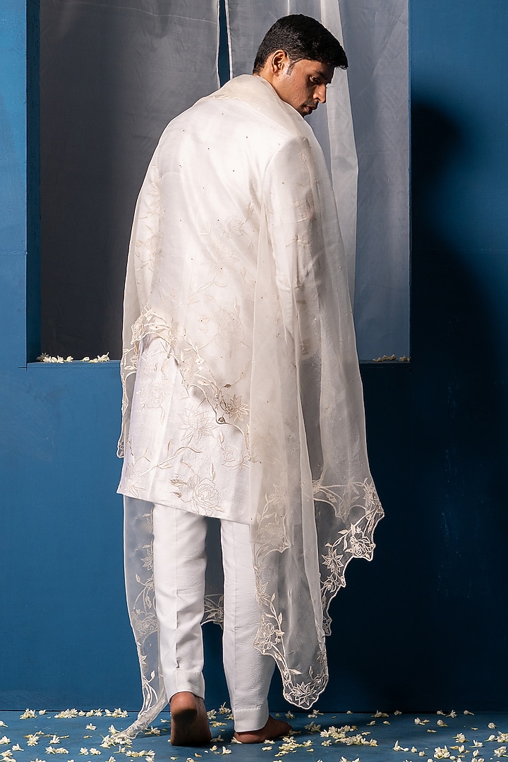 Off- White Silk & Cotton Silk Zardosi Hand Embroidered Groom Sherwani Set by AYUSH JAIN at Pernia's Pop Up Shop