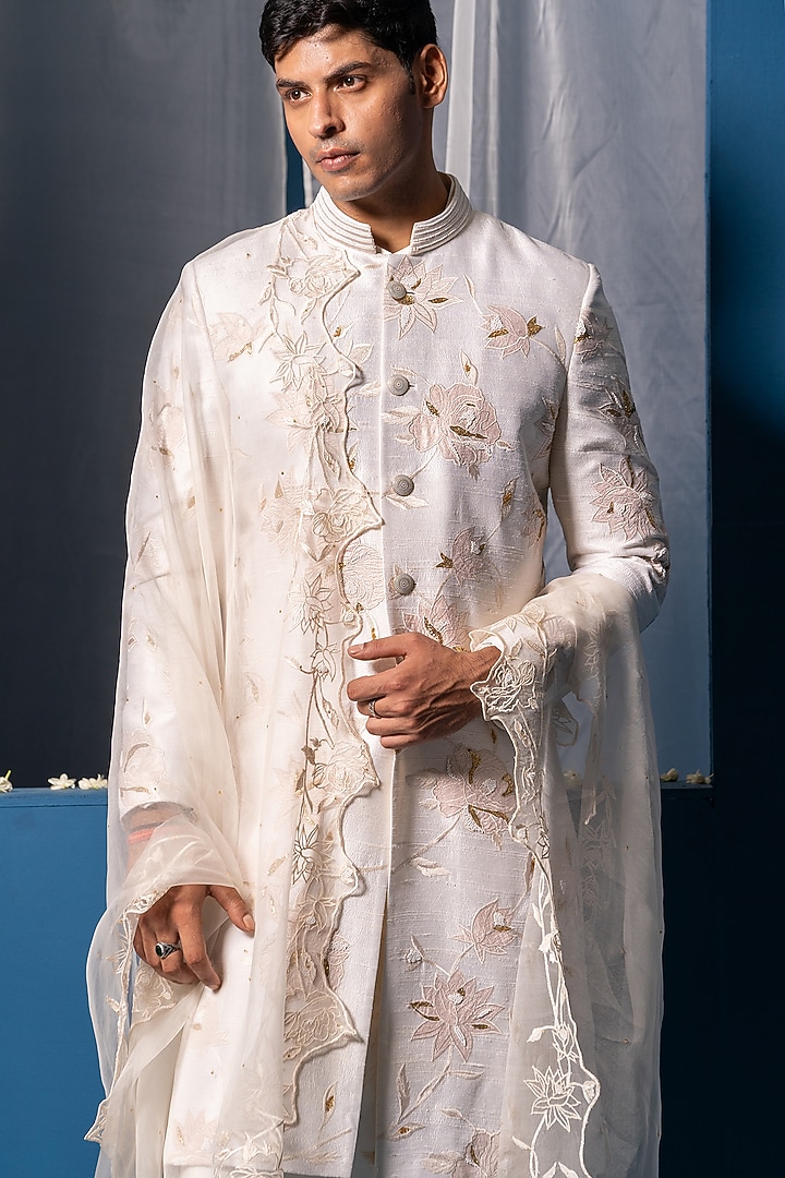 Off- White Silk & Cotton Silk Zardosi Hand Embroidered Groom Sherwani Set by AYUSH JAIN at Pernia's Pop Up Shop