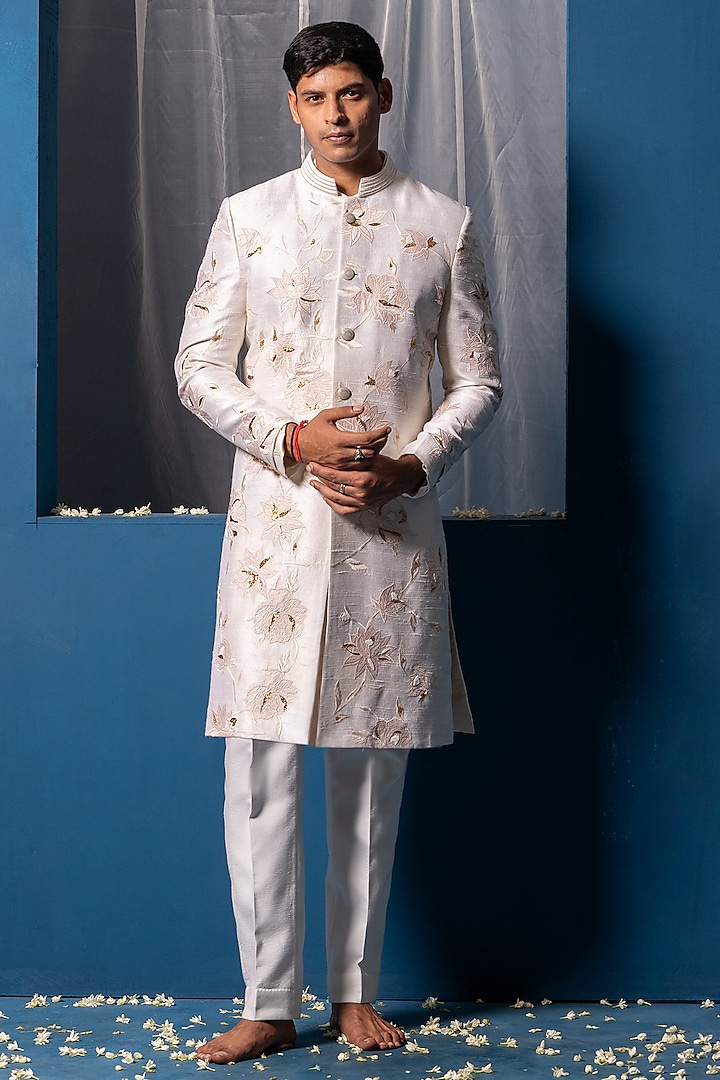 Off- White Silk & Cotton Silk Zardosi Hand Embroidered Groom Sherwani Set by AYUSH JAIN at Pernia's Pop Up Shop
