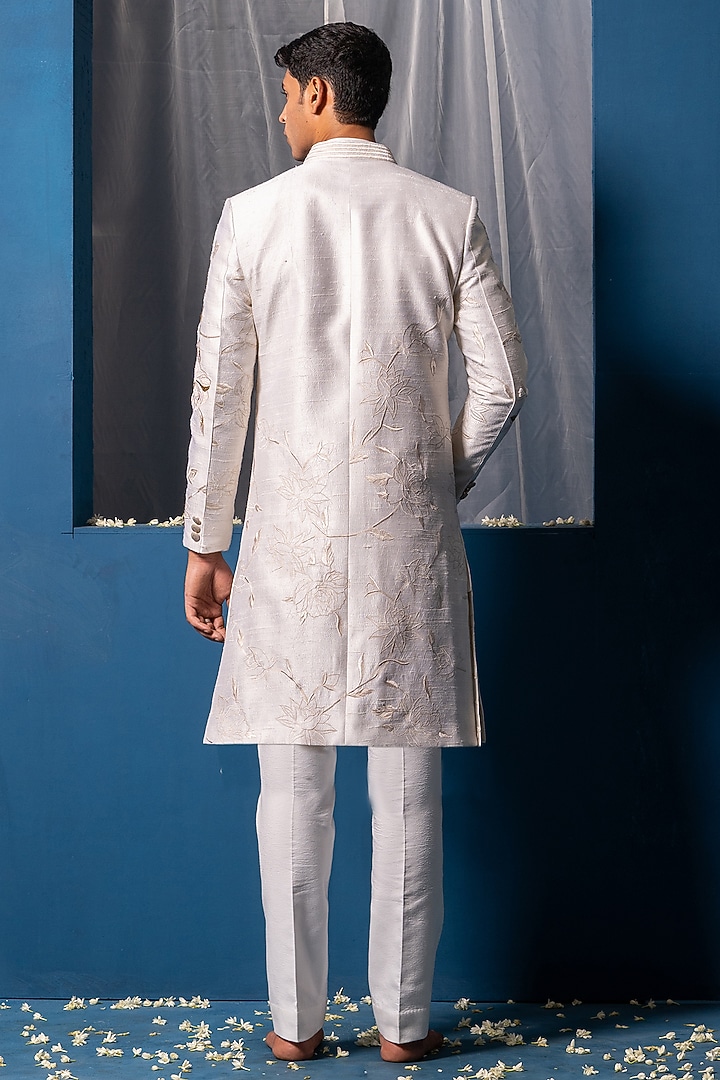 Off- White Silk & Cotton Silk Zardosi Hand Embroidered Groom Sherwani Set by AYUSH JAIN at Pernia's Pop Up Shop