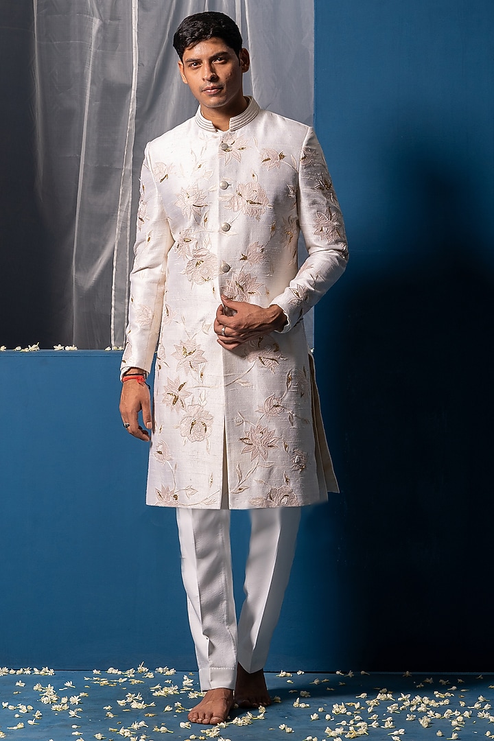 Off- White Silk & Cotton Silk Zardosi Hand Embroidered Groom Sherwani Set by AYUSH JAIN at Pernia's Pop Up Shop