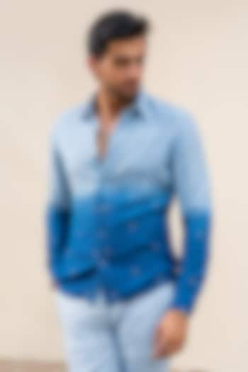 Blue Ombre Linen Hand Adda Work Shirt by AYUSH JAIN