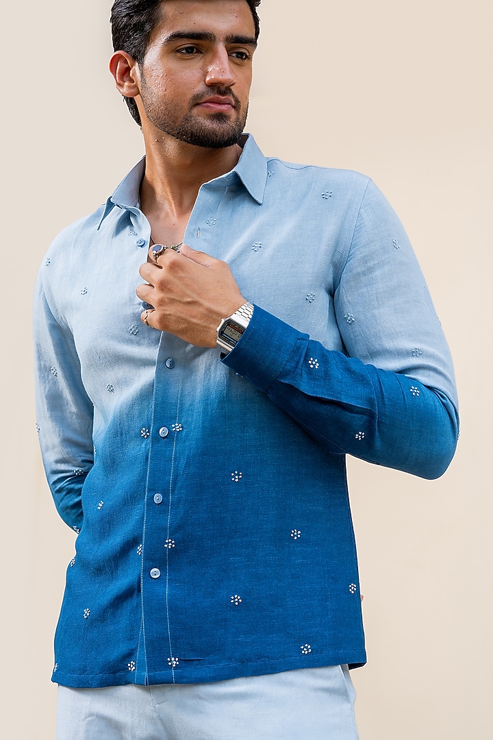 Blue Ombre Linen Hand Adda Work Party Wear Shirt by AYUSH JAIN at Pernia's Pop Up Shop