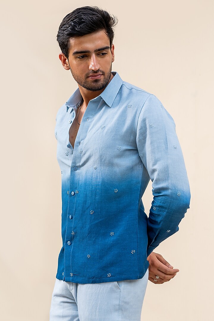Blue Ombre Linen Hand Adda Work Party Wear Shirt by AYUSH JAIN at Pernia's Pop Up Shop