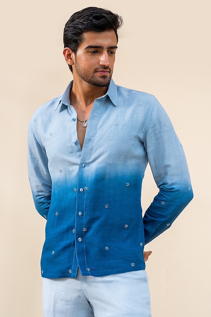 Blue Ombre Linen Hand Adda Work Party Wear Shirt by AYUSH JAIN at Pernia's Pop Up Shop