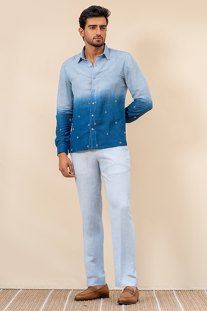 Blue Ombre Linen Hand Adda Work Party Wear Shirt by AYUSH JAIN at Pernia's Pop Up Shop