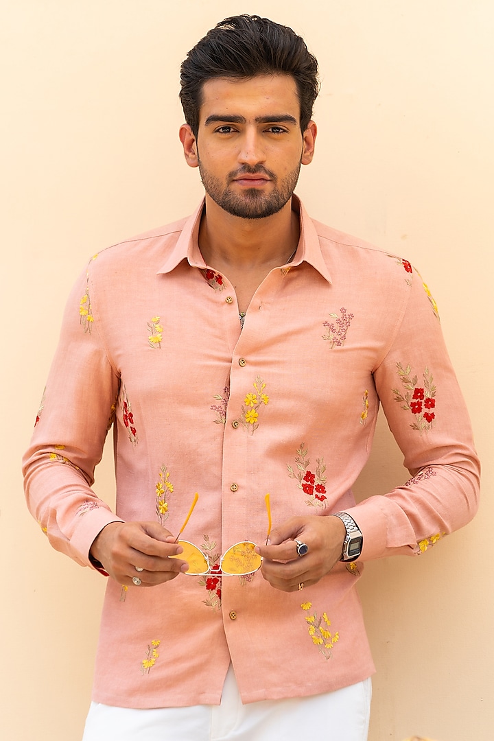 Peach-Pink Linen Hand Embroidered Shirt by AYUSH JAIN