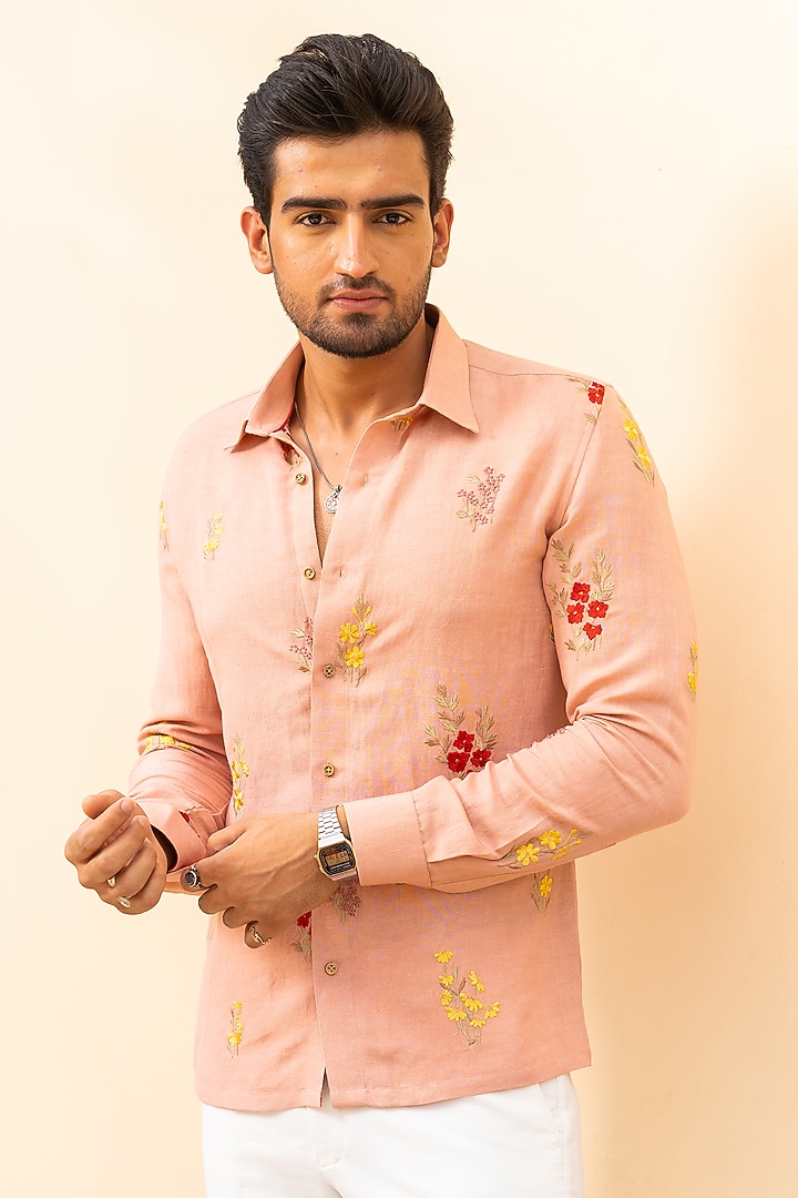 Peach-Pink Linen Hand Embroidered Party Wear Shirt by AYUSH JAIN at Pernia's Pop Up Shop