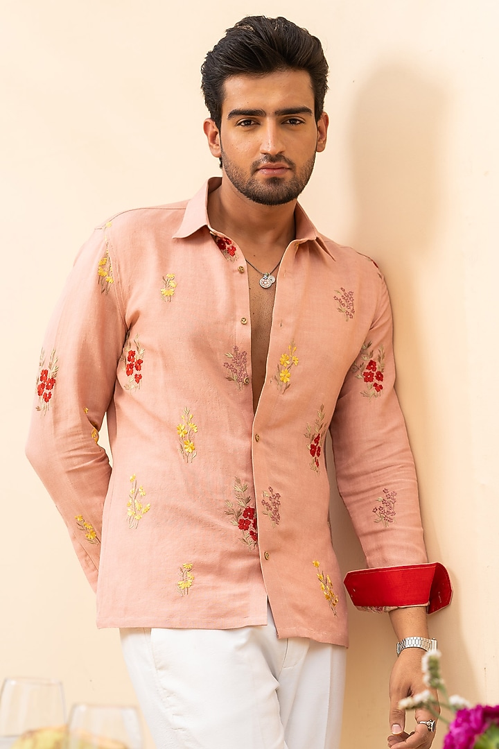 Peach-Pink Linen Hand Embroidered Party Wear Shirt by AYUSH JAIN at Pernia's Pop Up Shop