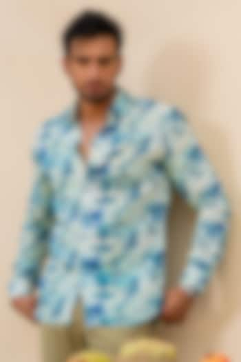 Blue-Green Linen Digital Printed Shirt by AYUSH JAIN