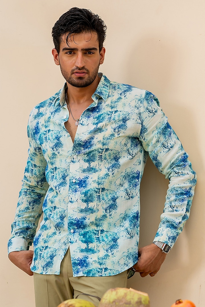 Blue-Green Linen Digital Printed Shirt by AYUSH JAIN