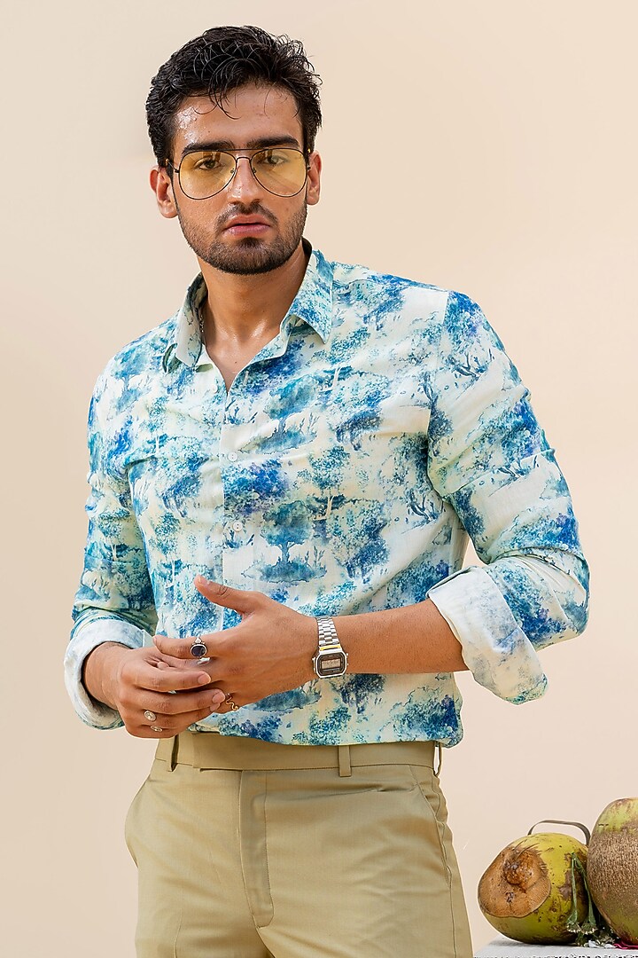 Blue-Green Linen Digital Printed Party Wear Shirt by AYUSH JAIN at Pernia's Pop Up Shop