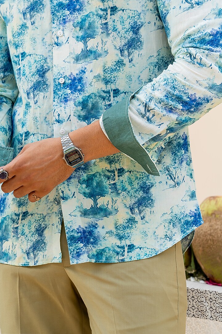Blue-Green Linen Digital Printed Party Wear Shirt by AYUSH JAIN at Pernia's Pop Up Shop
