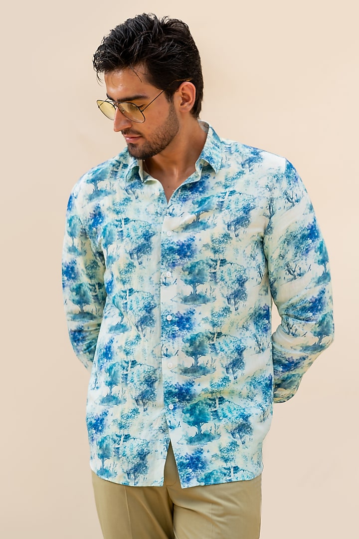 Blue-Green Linen Digital Printed Party Wear Shirt by AYUSH JAIN at Pernia's Pop Up Shop