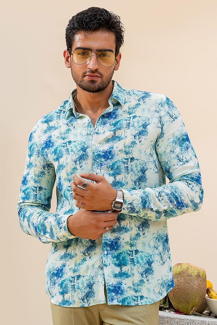 Blue-Green Linen Digital Printed Party Wear Shirt by AYUSH JAIN at Pernia's Pop Up Shop