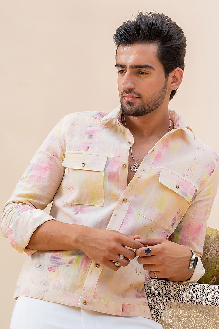 Beige-Peach Linen Digital Printed Shirt by AYUSH JAIN