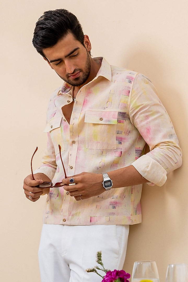Beige-Peach Linen Digital Printed Party Wear Shirt by AYUSH JAIN at Pernia's Pop Up Shop