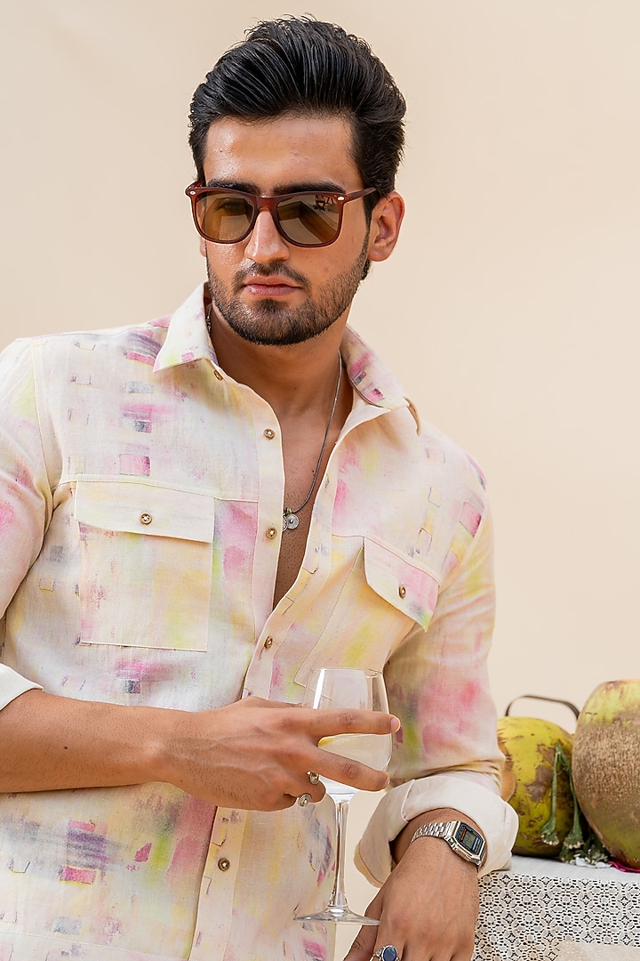 Beige-Peach Linen Digital Printed Party Wear Shirt by AYUSH JAIN at Pernia's Pop Up Shop