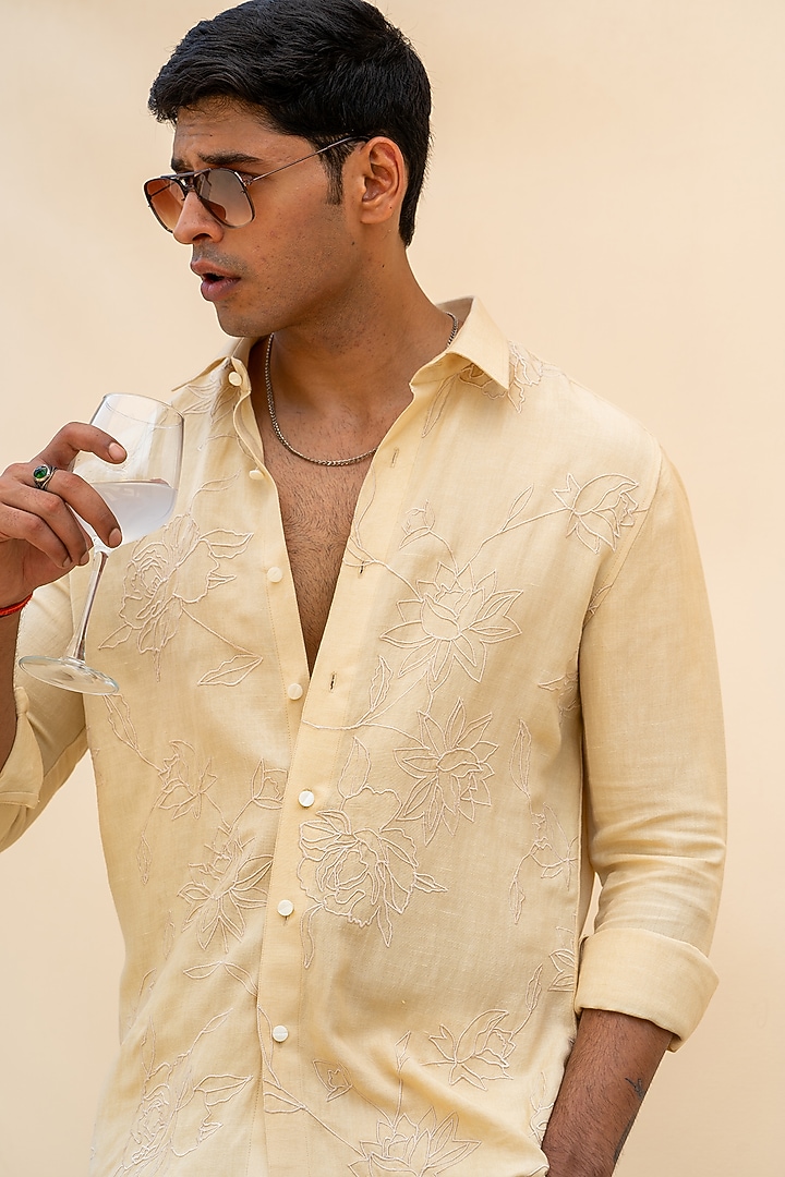 Beige Linen Digital Printed Party Wear Shirt by AYUSH JAIN at Pernia's Pop Up Shop