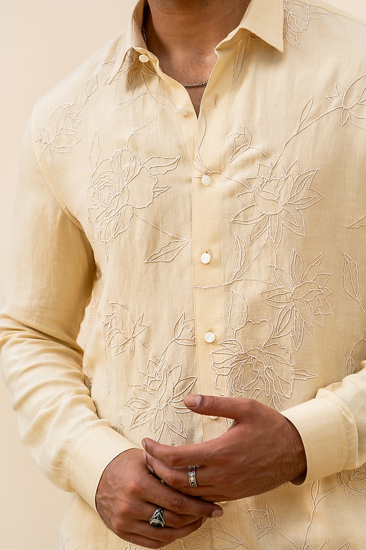 Beige Linen Digital Printed Party Wear Shirt by AYUSH JAIN at Pernia's Pop Up Shop