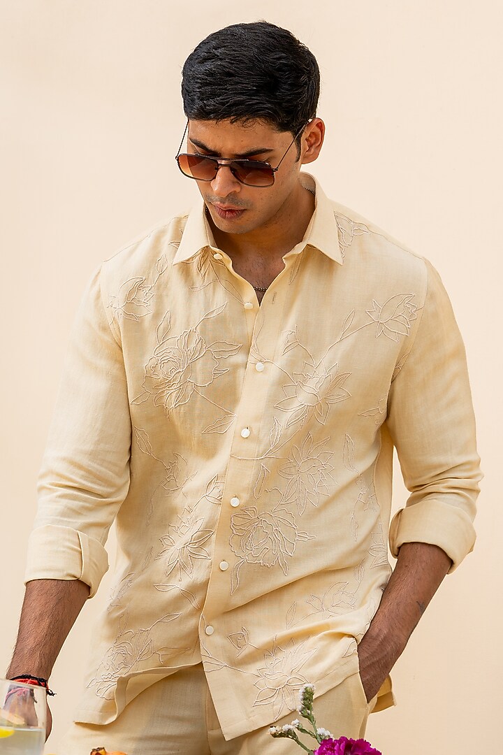 Beige Linen Digital Printed Party Wear Shirt by AYUSH JAIN at Pernia's Pop Up Shop
